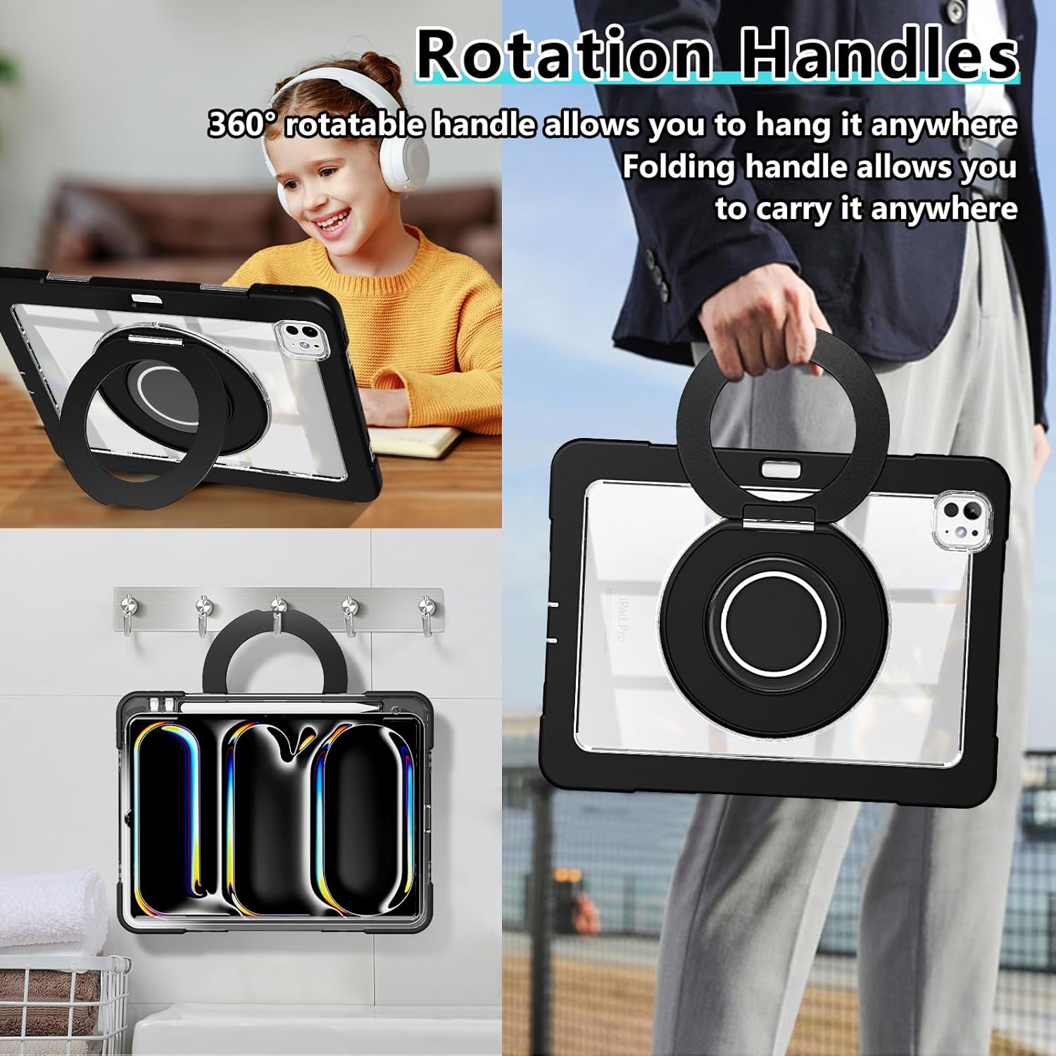 for iPad Pro 11 Inch Case (M5) 2025/ (M4) 2024 (Model: A3357,A3358,A3359,A2836/A2837/A3006), Shockproof Protective Case with 360° Rotating Kickstand/Handle,Pen Slot,HD Screen Protector (Black)