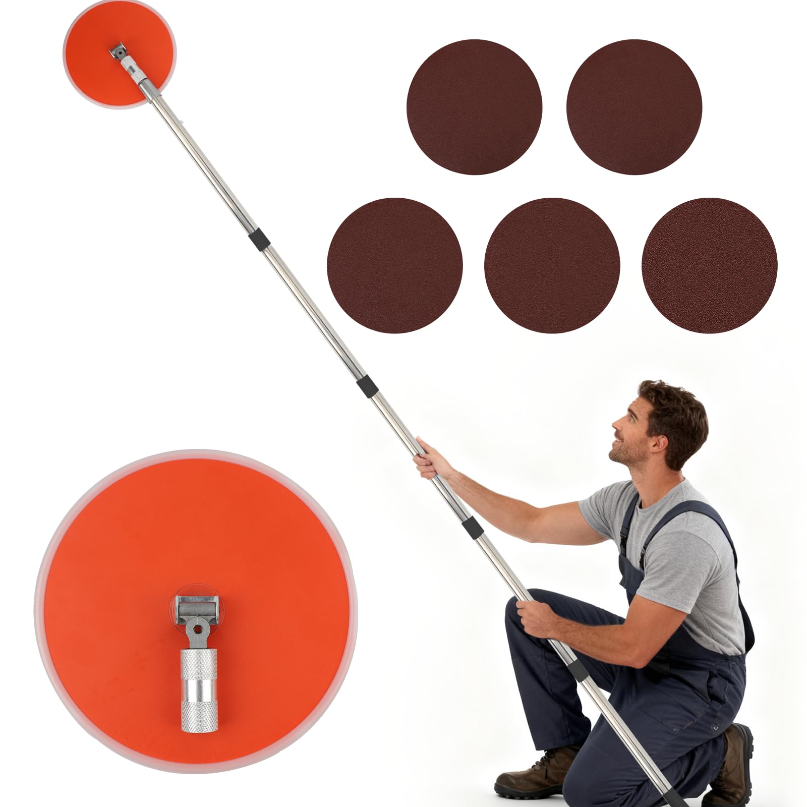 Szlifierka do płyt kartonowo-gipsowych, szlifierka do płyt kartonowo-gipsowych 2 m, regulowany drążek przedłużający, narzędzie do szlifowania ścian, z 5 arkuszami szlifierskimi (ziarnistość 80