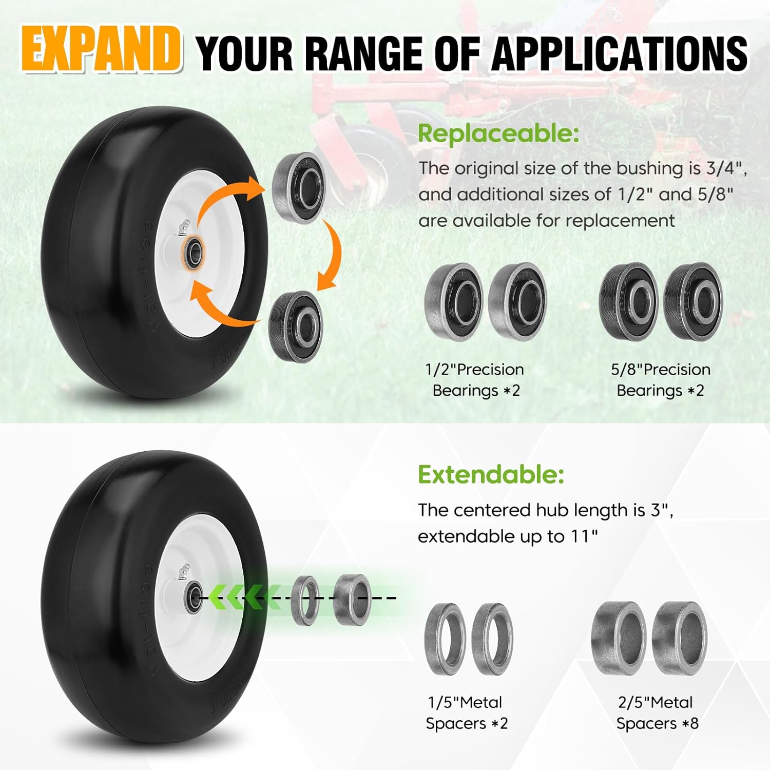 2PCS 13x5.00-6 Flat Free Tire and Wheel with 1/2" & 3/4" & 5/8" Precision Bearings and 3"-11" Centered Hub, White Front Zero-Turn Smooth Tire Replacement for Riding Lawn Mowers Garden Tractor