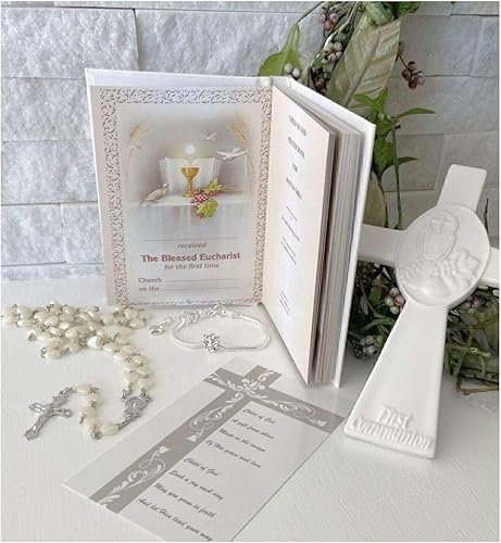 Juego de 5 piezas de regalo de primera comunión para niña con caja de regalo de oración rosario pulsera cruz tarjeta