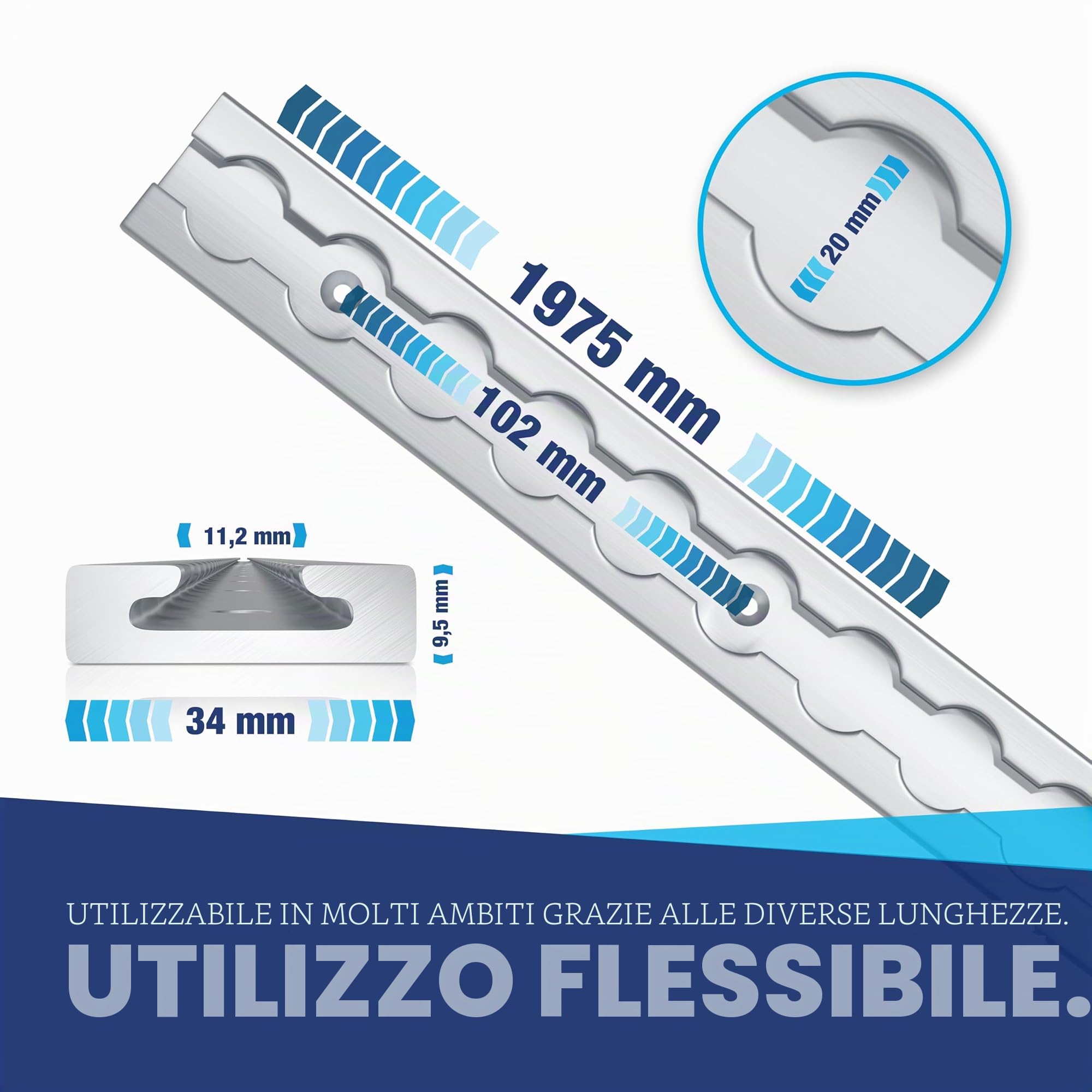 NTG Binario per airline, 2 pezzi, 2 m/1975 mm, rettangolare, in alluminio, certificato TÜV, accessorio per rimorchio, fissaggio del carico, guida in alluminio, per camion, furgoni – con fori, argento