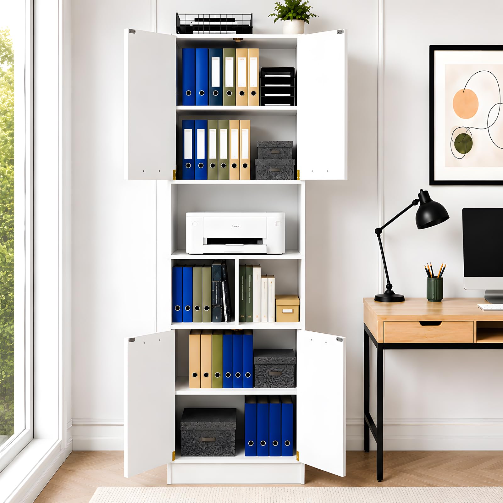 Armadio Ufficio Bianco 60x40x180,5 cm, Schedario da Ufficio con 4 Ante, Vano Stampante e Ripiani Regolabili, Mobile Multiuso Salvaspazio per Camera e Bagno, Credenza per Cucina e Soggiorno