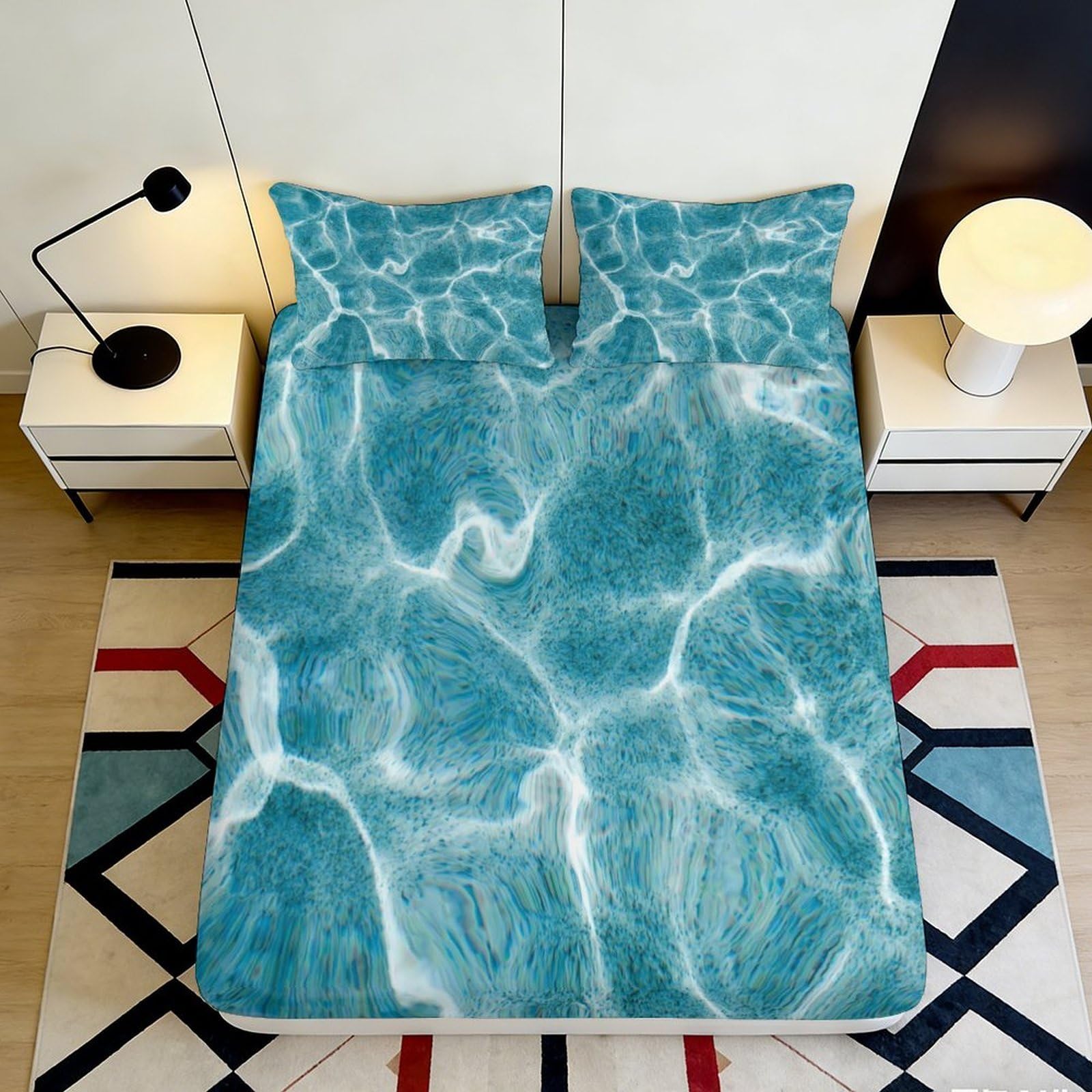 Uxinyoume Style-2 3D Printed Water Ripple Fitted Sheet Microfiber Soft Blue Pool Pattern Mattress Cover For Bedroom Dorm Decor 90X200x25cm