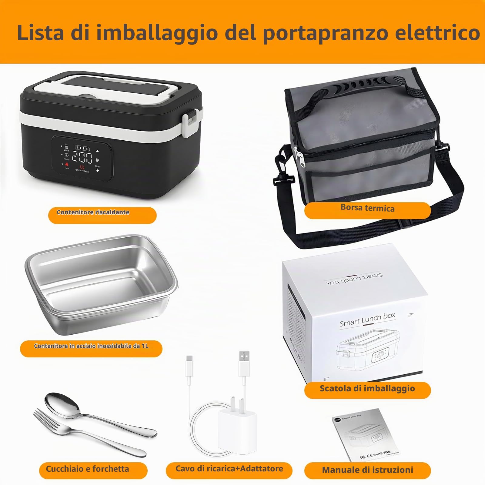 Scaldavivande Elettrico Portatile, Scaldavivande a Batteria Ricaricabile 1L Lunch Box Elettrico, Scalda Vivande per Adulti in Acciaio Inossidabile, Scaldavivande USB con Stoviglie e Borsa Termica