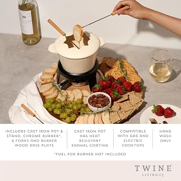 Twine Cast Iron Fondue Set with Metal Stand and Forks, Chocolate Melting Pot, Cheese Fondue Kit Set, Hosting Essentials 8.5, Off-Cream