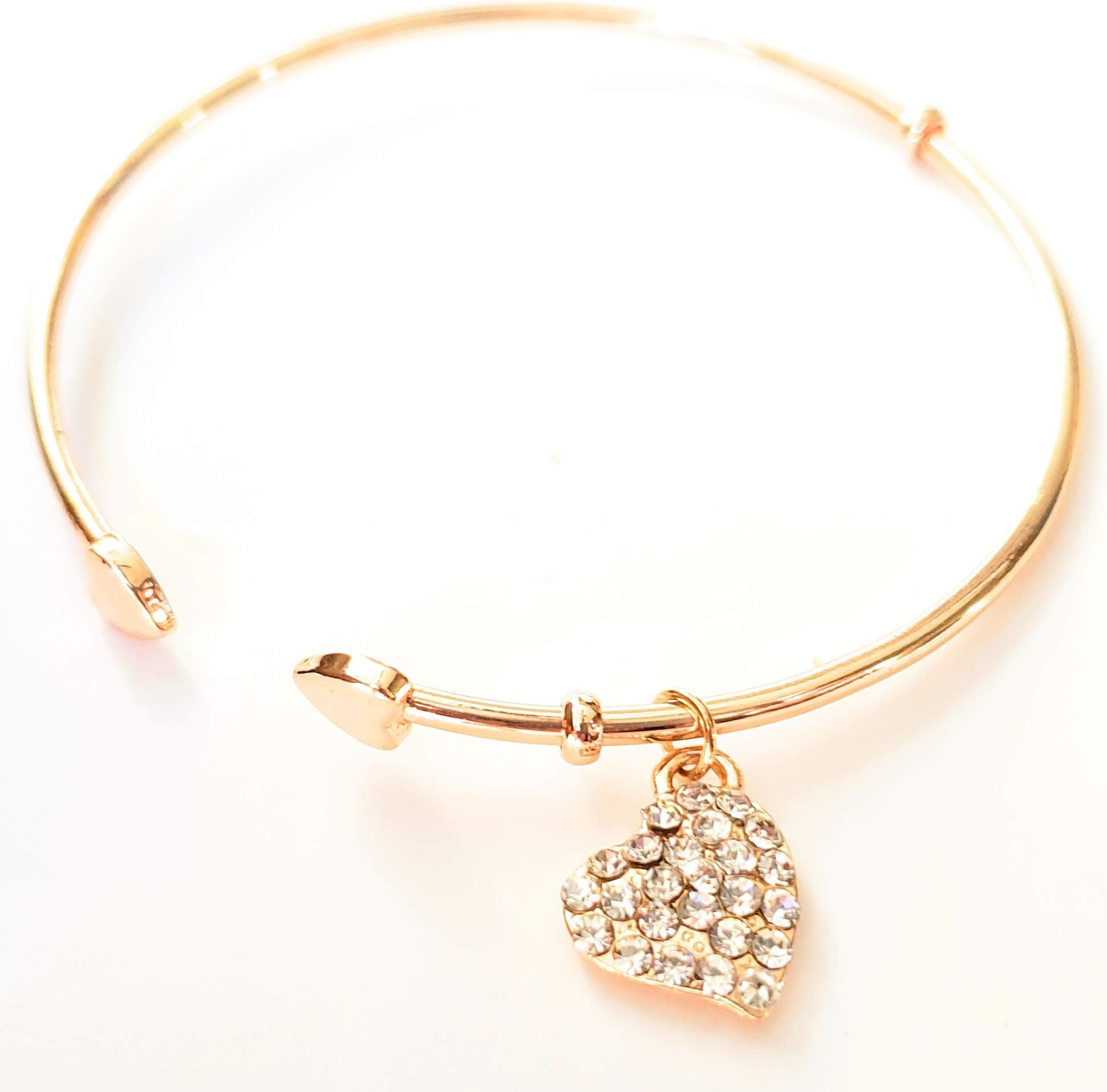 Gold Tone Open Ended CZ Love Heart Charm Bangle Bracelet - Fashion Jewelry for Women