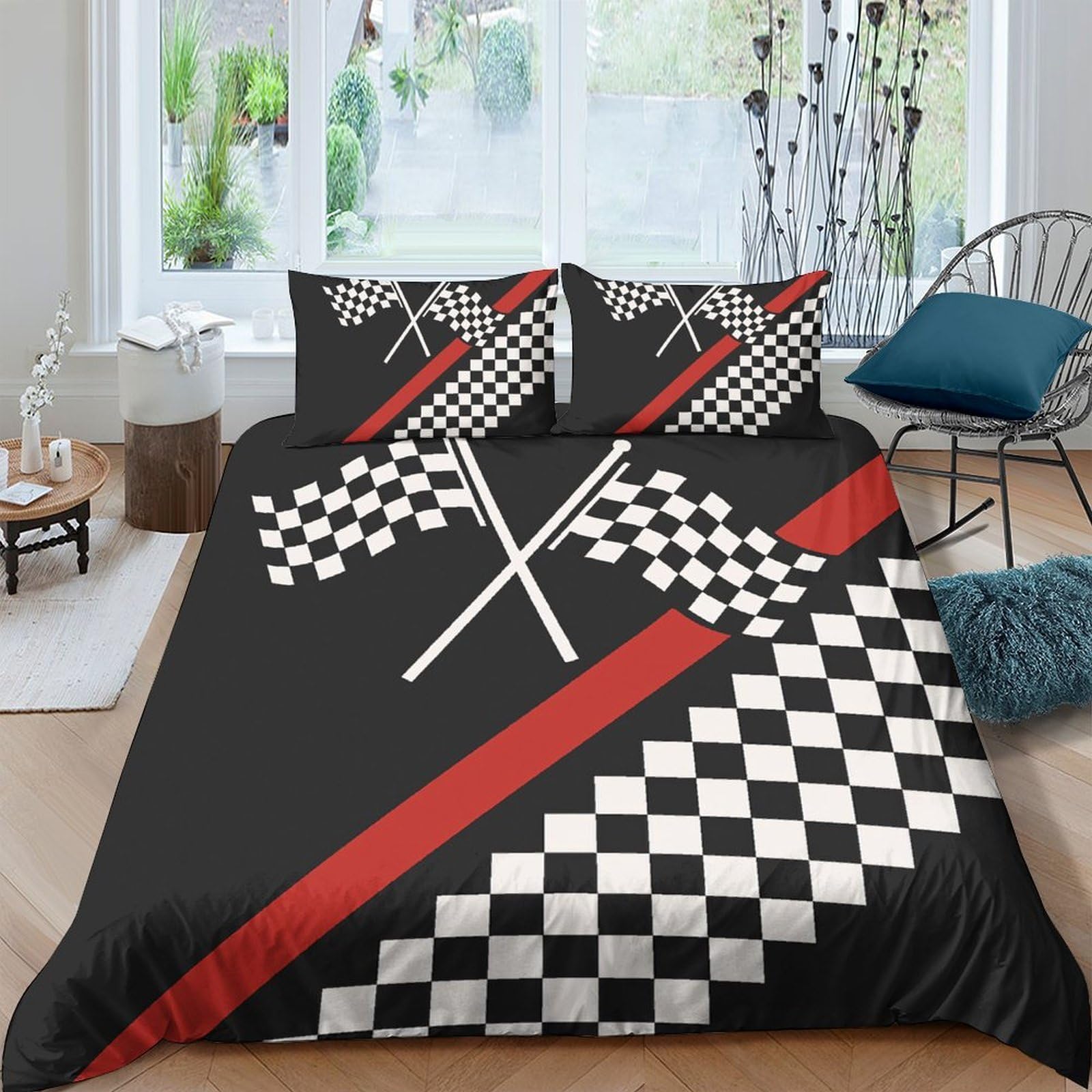 Ctjqhvkz Style-8 3D Printed Racing Flag Fitted Sheet Microfiber Black Red Stripes Bed Cover For Bedroom Decor Dorm Mattress Protection Single（135X200cm）