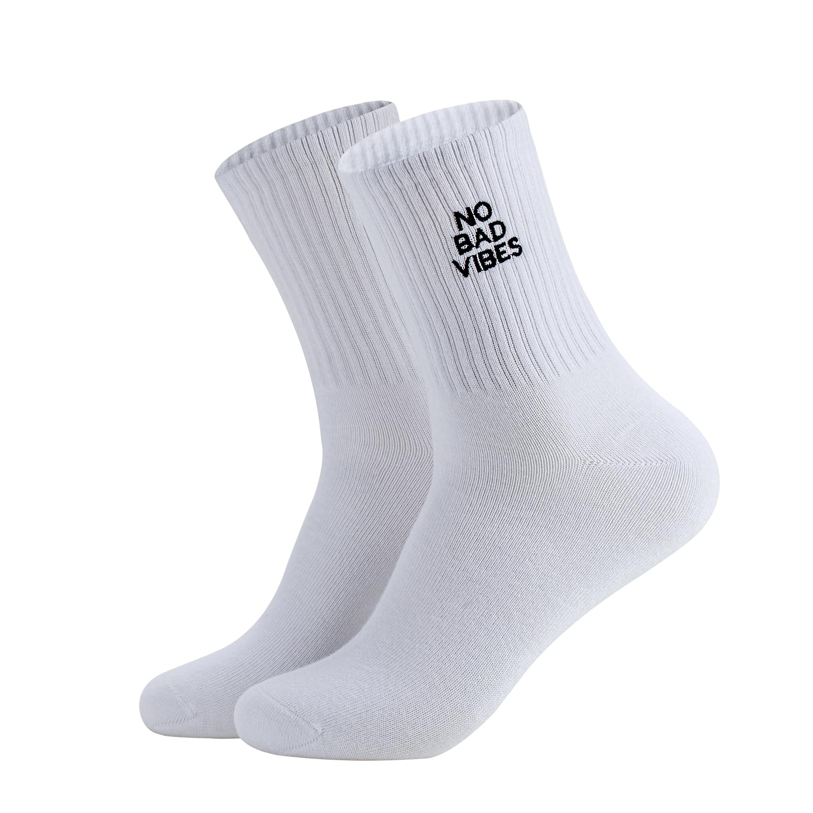 Embroidered Socks - No Bad Vibes Unisex Cotton Crew Socks with Embroidery in Black - Motivational and Inspirational Quotes
