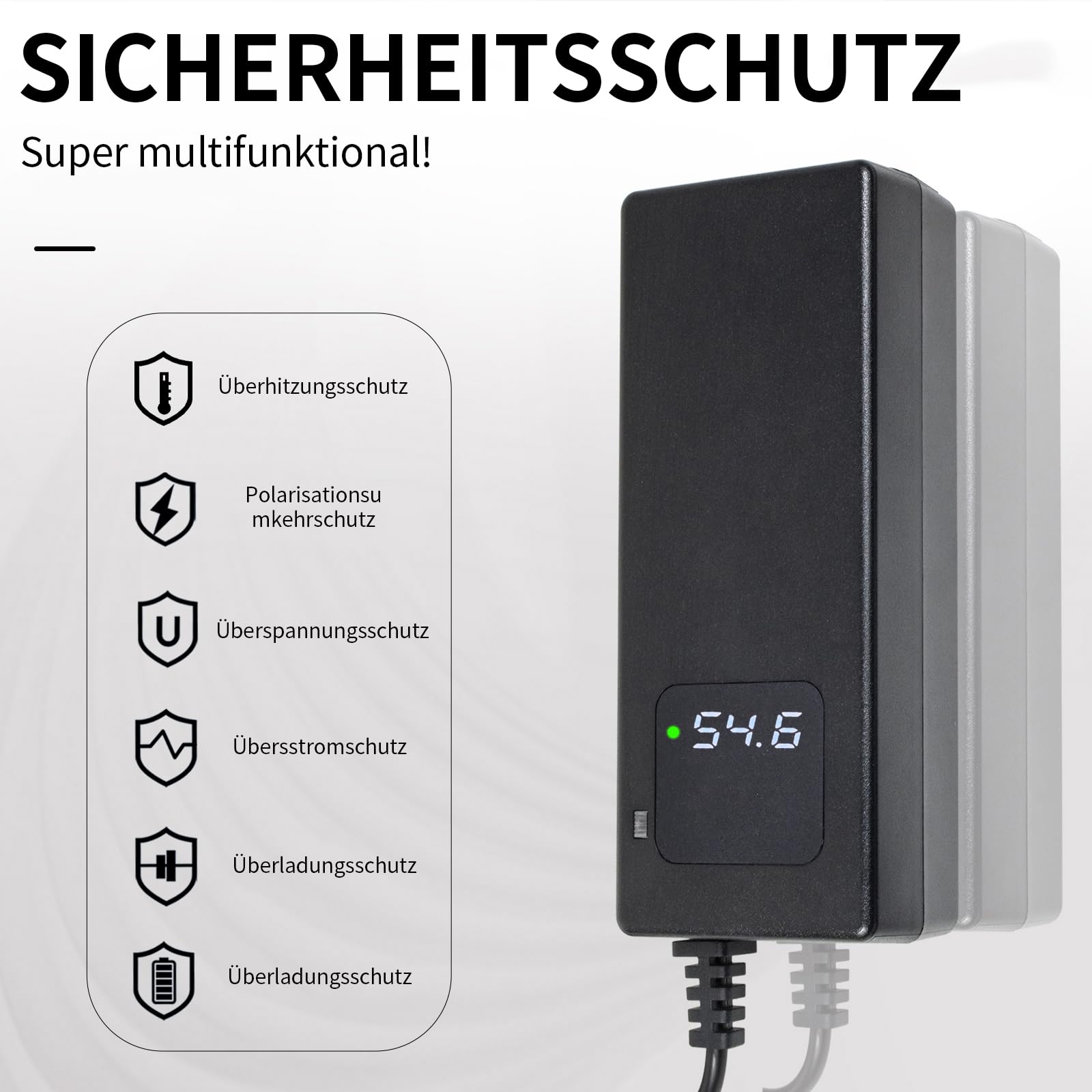 Câble de charge pour scooter électrique 54,6 V, 2 A, compatible avec les batteries au lithium de 48 V, avec écran haute résolution, plusieurs dispositifs de sécurité avec arrêt automatique lorsque la