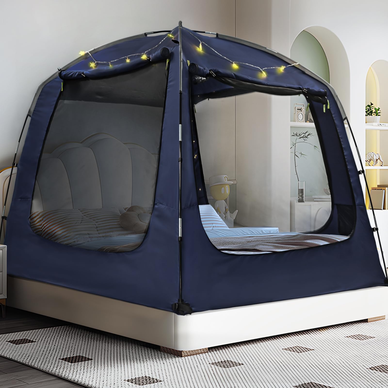 RIYDH Bed Tent Bed Canopy Breathable 100% for Adult and Kids Light Reduction Sleeping Dream Tents Indoor Portable Big Space with String Light 4 Doors Twin Full Queen King Size