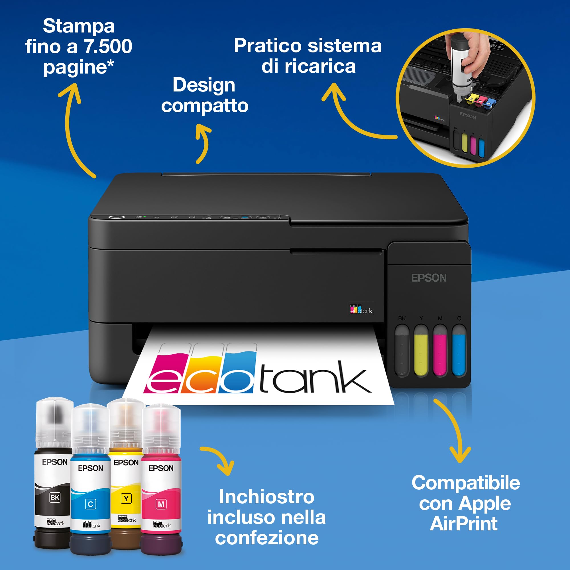 Epson EcoTank ET-2912 | Uso domestico intenso | Wi-Fi | A4 | Stampa, copia, scansione | Compatibile con AirPrint | Compatta | Fino a 3 anni di inchiostro inclusi