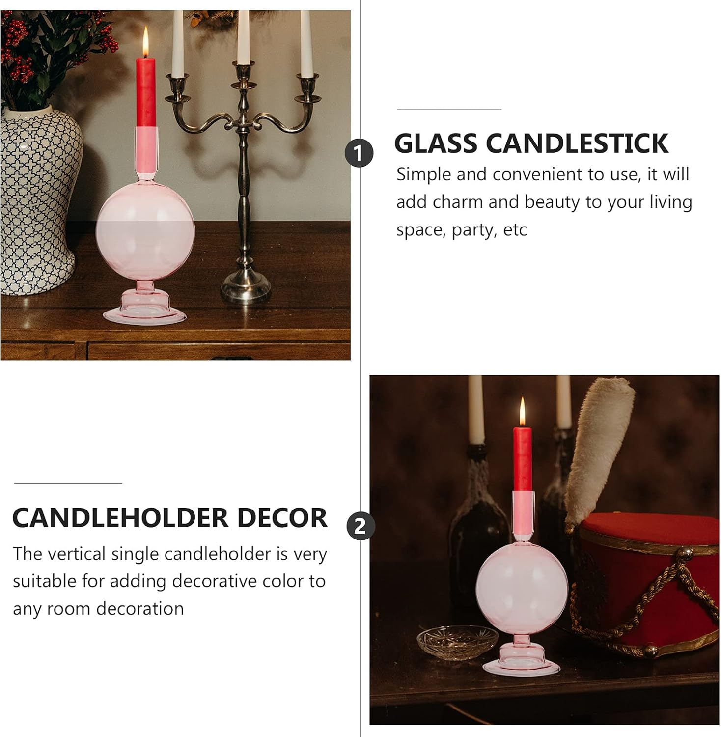 ULTNICE Clear Glass Candlestick Holder Taper Candle Stand Colorful Candlelight Rack Flower Vase Table Centerpiece for Wedding Dinner Party (Pink) Pink,orange IB13K1541JLSAA 20.5x8.5cm