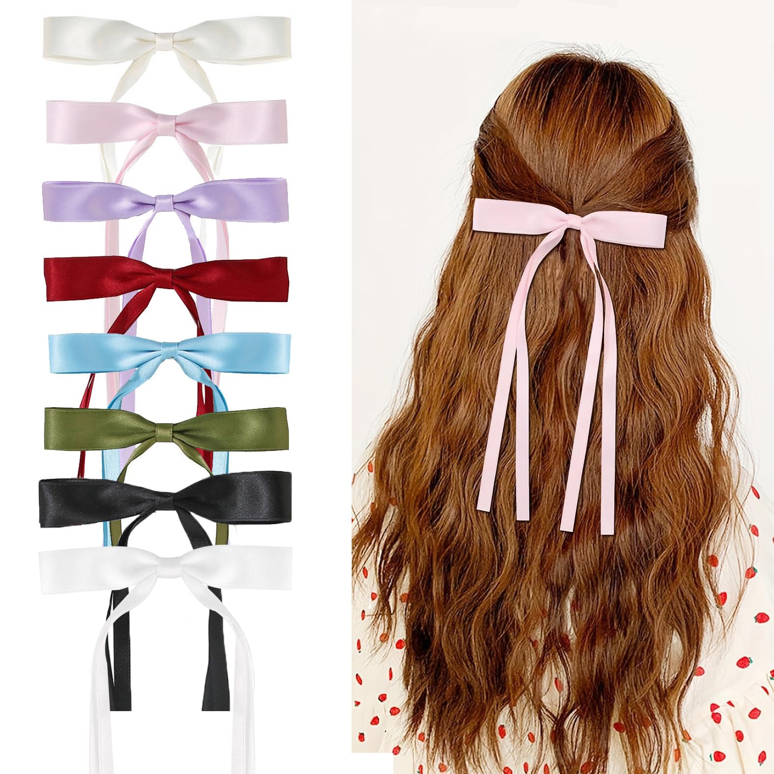 SUNTRADE 8pcs Hair Bow Clips for Women Cute Bow Hair Clips Tassel Ribbon Bows for Hair with Long Tail, Pink+WHITE, 1 count (Pack of 8)