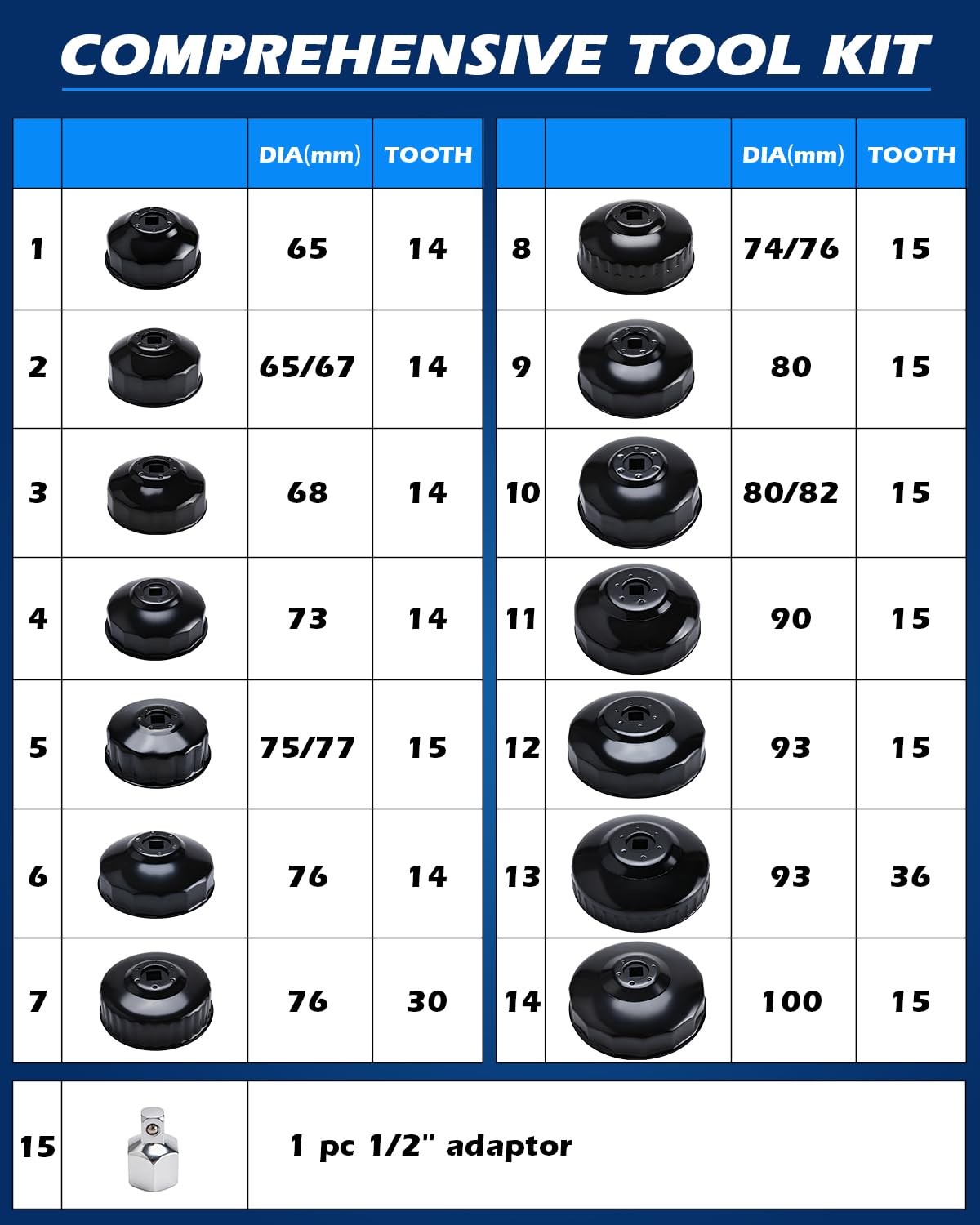 FreeTec Lot de 15 clés pour filtre à huile - Capuchons universels (65-100 mm) en tôle d'acier avec adaptateurs 3/8" et 1/2" - Outil de filtre à huile pour vidange d'huile de voiture