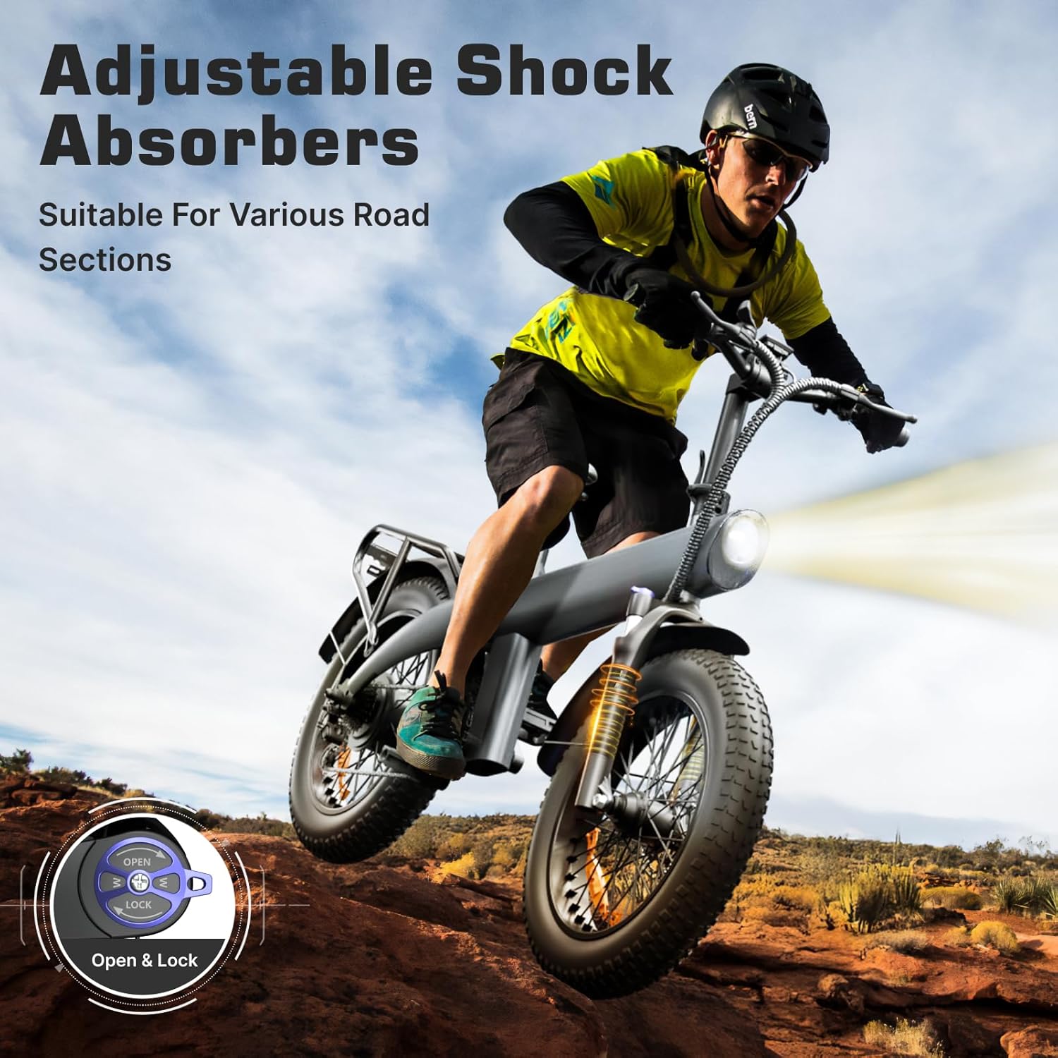 Rider on HX Q3 Electric Bike on bumpy terrain, highlighting Adjustable Shock Absorbers with Open & Lock feature