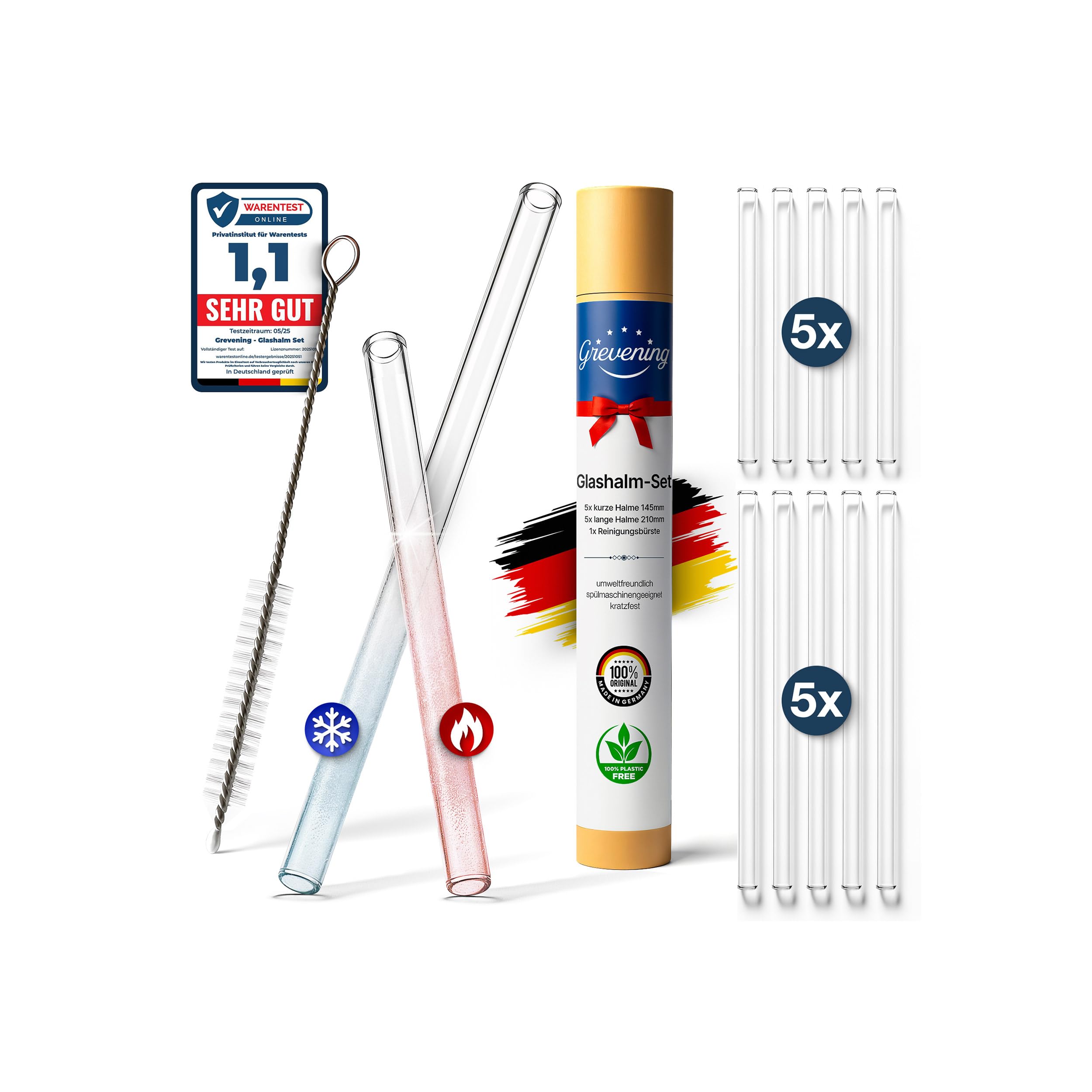 Pailles réutilisables sans plastique, lot de 10 de 145 mm et 210 mm avec brosse