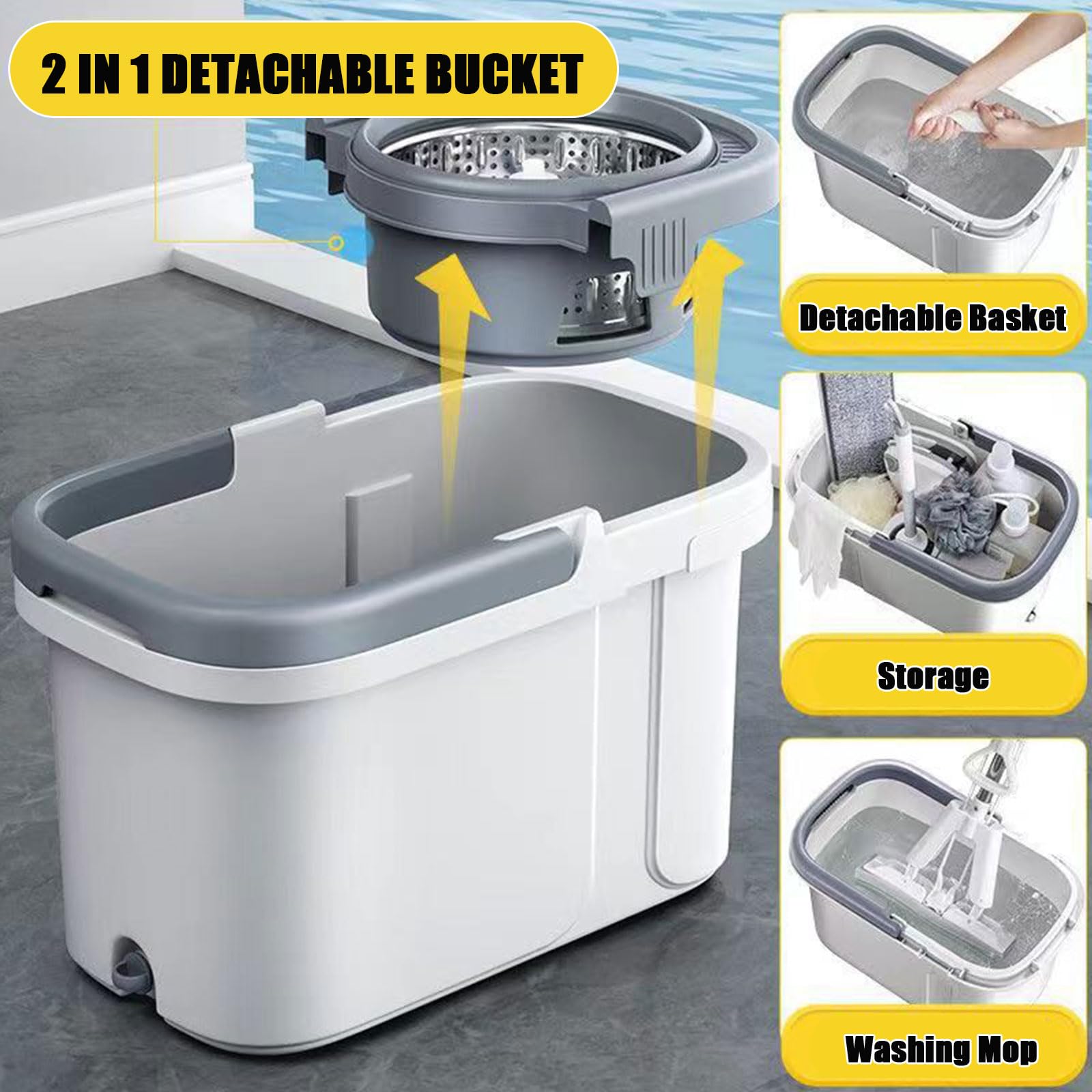 Este Juego de fregona giratoria y Cubo con escurridor para el hogar, Sistema de fregona giratoria de Microfibra con 7 Cabezales de Recambio, Mango extendido de 130 cm para la Limpieza de Sue
