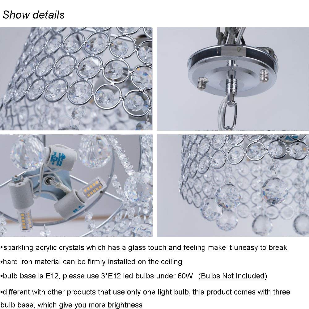 Lustre En Cristal Minimaliste Européen À 3 Lumières E14/E12, Abat-Jour Cylindrique, Éclairage Suspendu, Abat-Jour En Cristal Chromé de 9,8 Pouces de Diamètre, Plafonnier Suspendu Pour Îlot de C