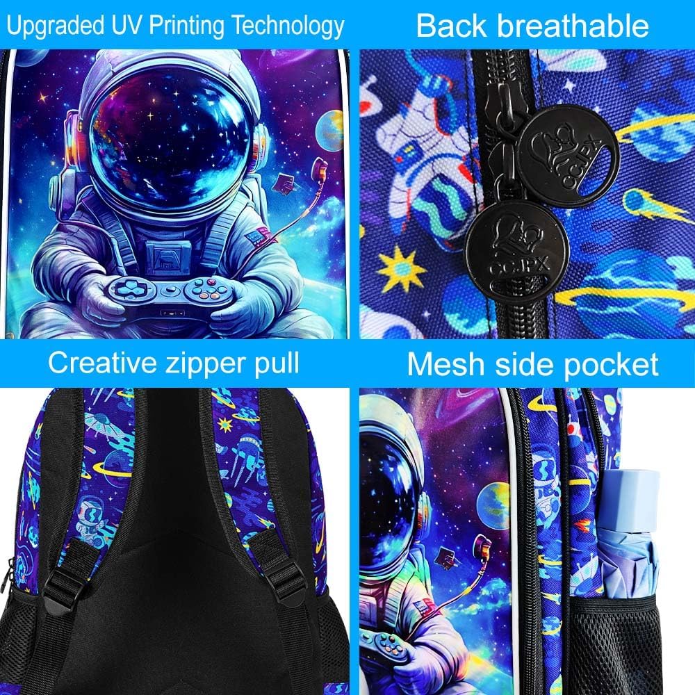 UFNDC Kids Bookbag, 3PCS Boys Astronaut Play Game Backpack with and Lunch Box, Water Resistant School Bag for Elementary Preschool Toddler