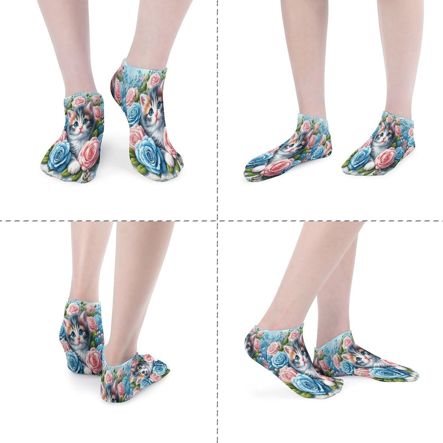 Cats in The Flower Garden 5Pairs Low Cut Ankle Socks for Women No Show Casual Breathable Athletic Socks for Sport
