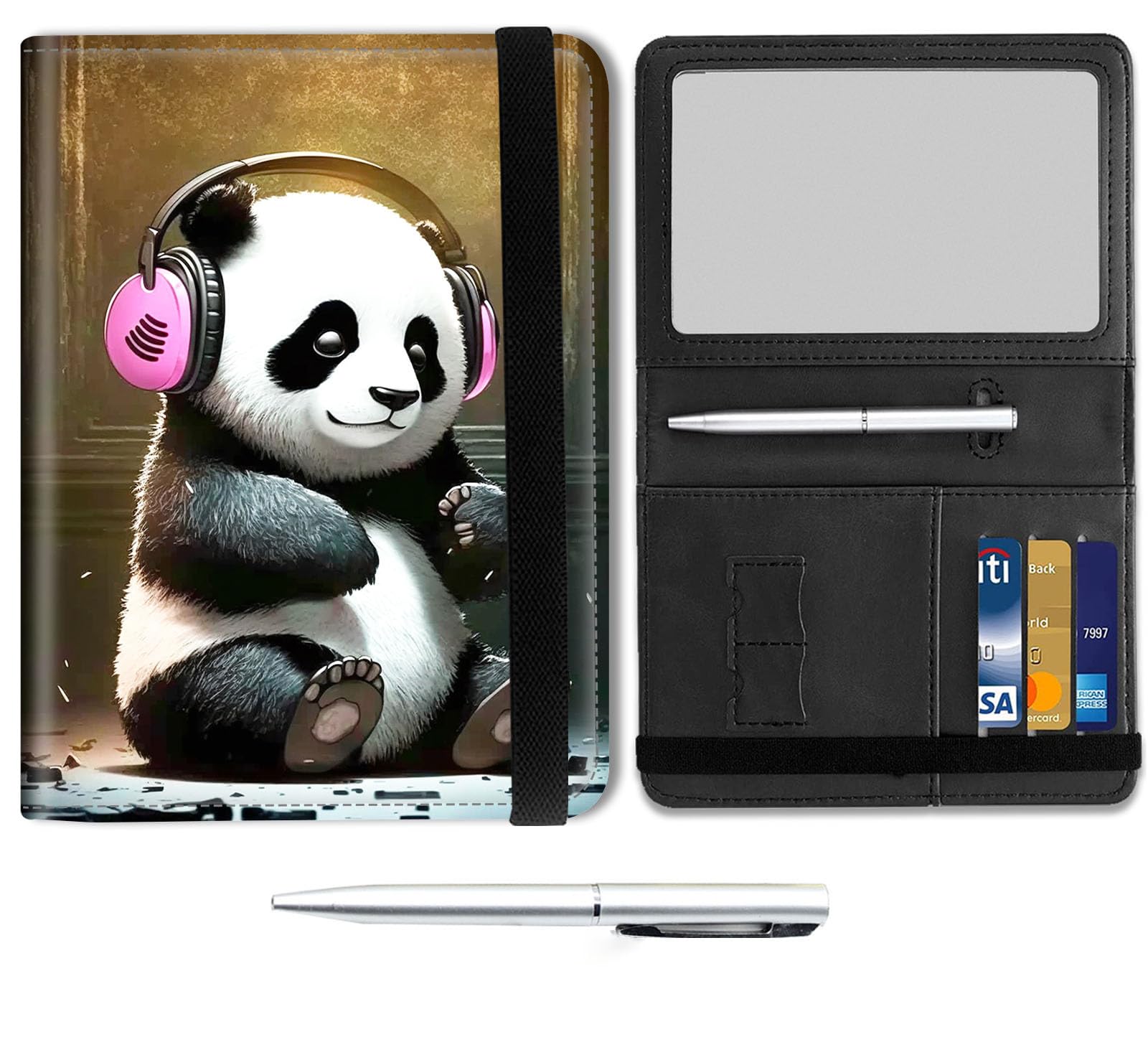 Passport and Vaccine Card Holder Combo, Leather Travel Wallet Passport Holder, Cover Case with CDC Vaccination Card Slot, Travel Documents Organizer Protector for Men Women,Cute Music Panda