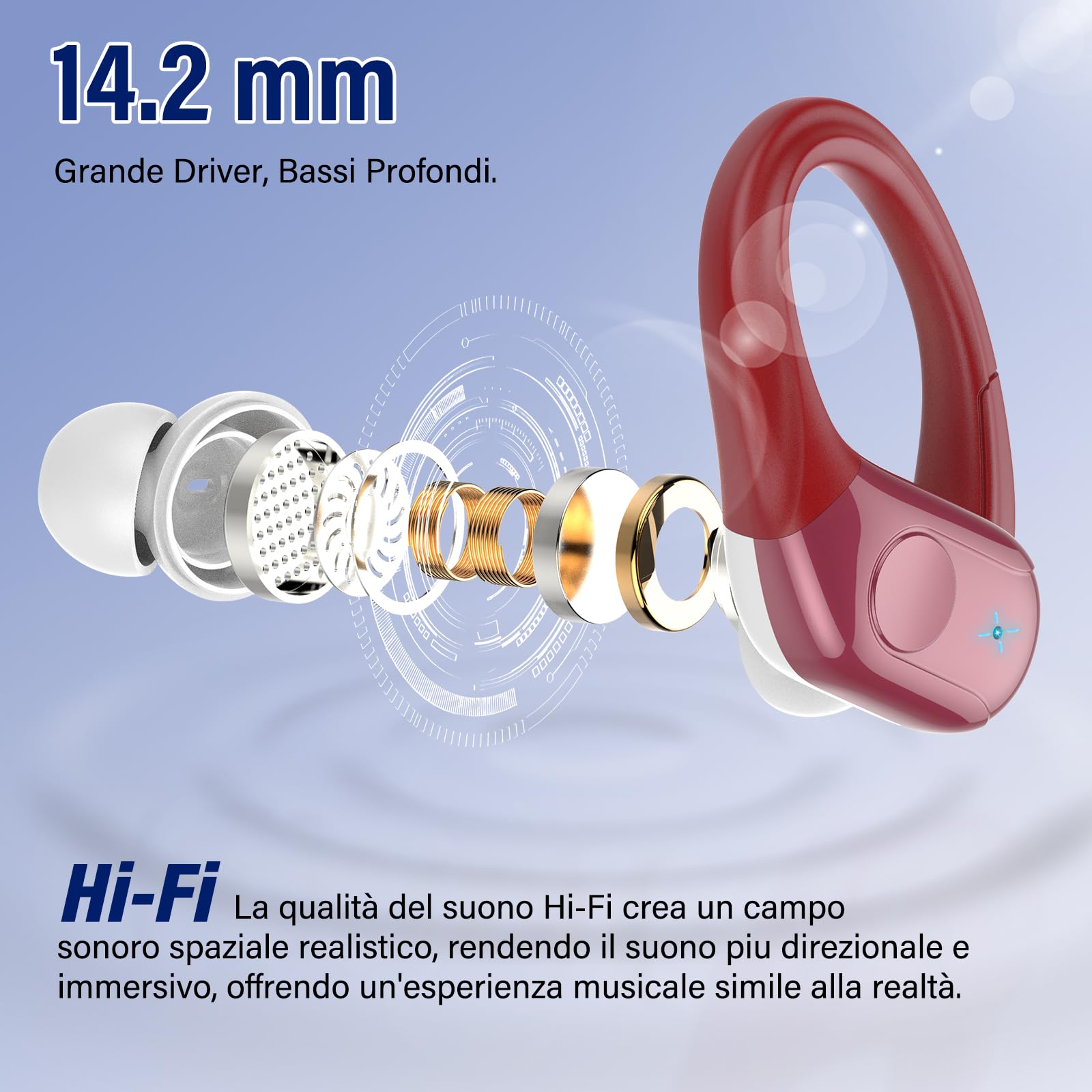 Cuffie Bluetooth 5.4 Stereo HiFi 75 Ore | Auricolari Wireless ENC, IP7 Impermeabili Con Display LED, Rosso