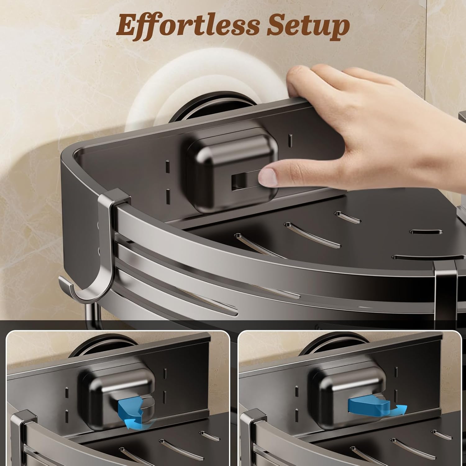 Corner Shower Caddy Suction Cup, 2 Pack Shower Shelves Corner No Drilling, Aluminum Alloy Shower Organizer Suction Cup, Removable Bathroom Storage Rack with Towel Bar & Hooks(Gray)