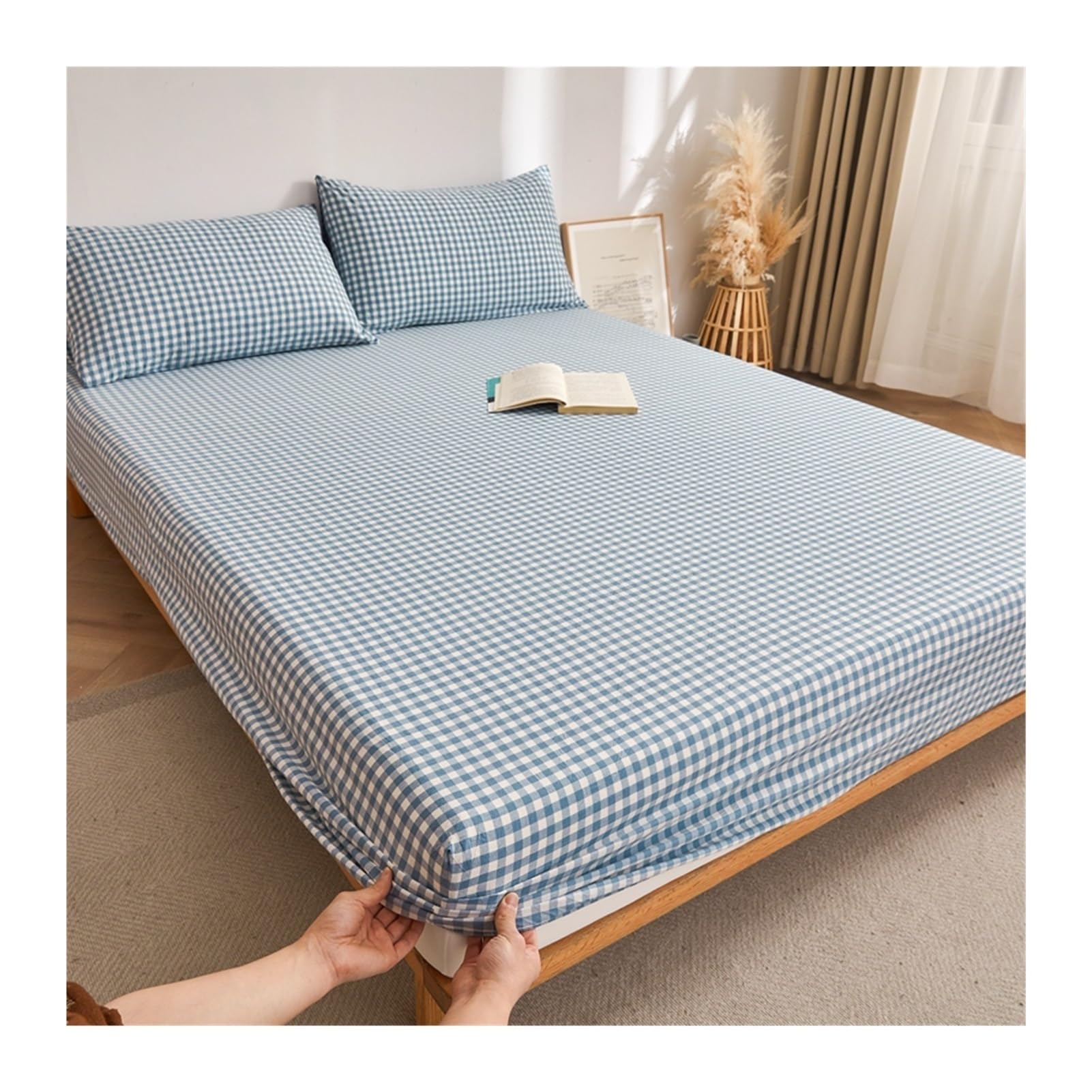 Prześcieradło z gumką w kratę Łóżko 90x200cm do 200x220cm 100% bawełna sprana super miękka i oddychająca o głębokości 25 cm (niebieski, L, 180 x 200 + 25 cm)