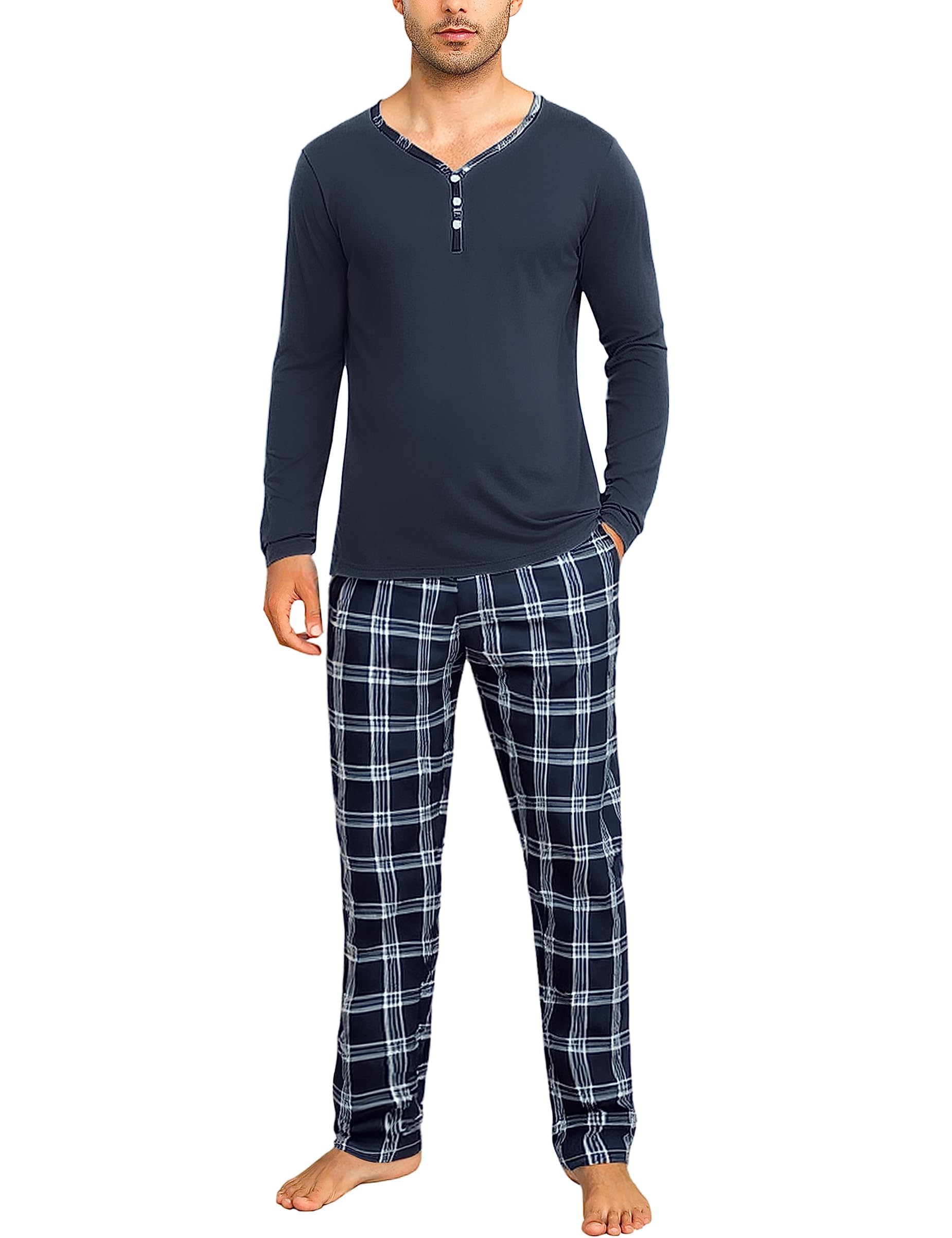Aseniza Heren winterpyjama's voor heren, katoen, lang, gestreept, lange mouwen, voor thuis, warm, casual, 232-rood, M