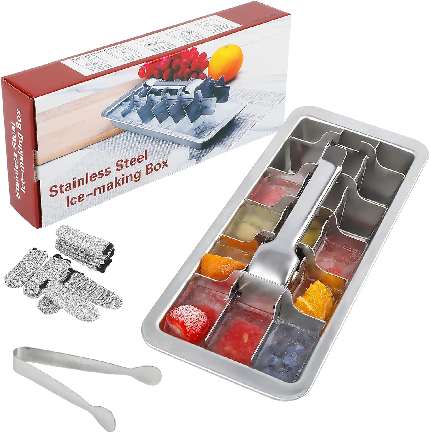 KAYCROWN 18/8 Stainless Steel Ice Cube Tray, 18 Slot Ice Cube Tray with Easy Release Handle for Making Various Large Ice Cubes, Removable Slots for Easy Ice Cube Removal (Tweezers & Finger Gloves)