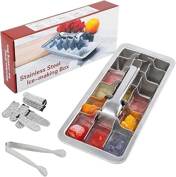 KAYCROWN 18/8 Stainless Steel Ice Cube Tray, 18 Slot Ice Cube Tray with Easy Release Handle for Making Various Large Ice Cubes, Removable Slots for Easy Ice Cube Removal Tweezers & Finger Gloves