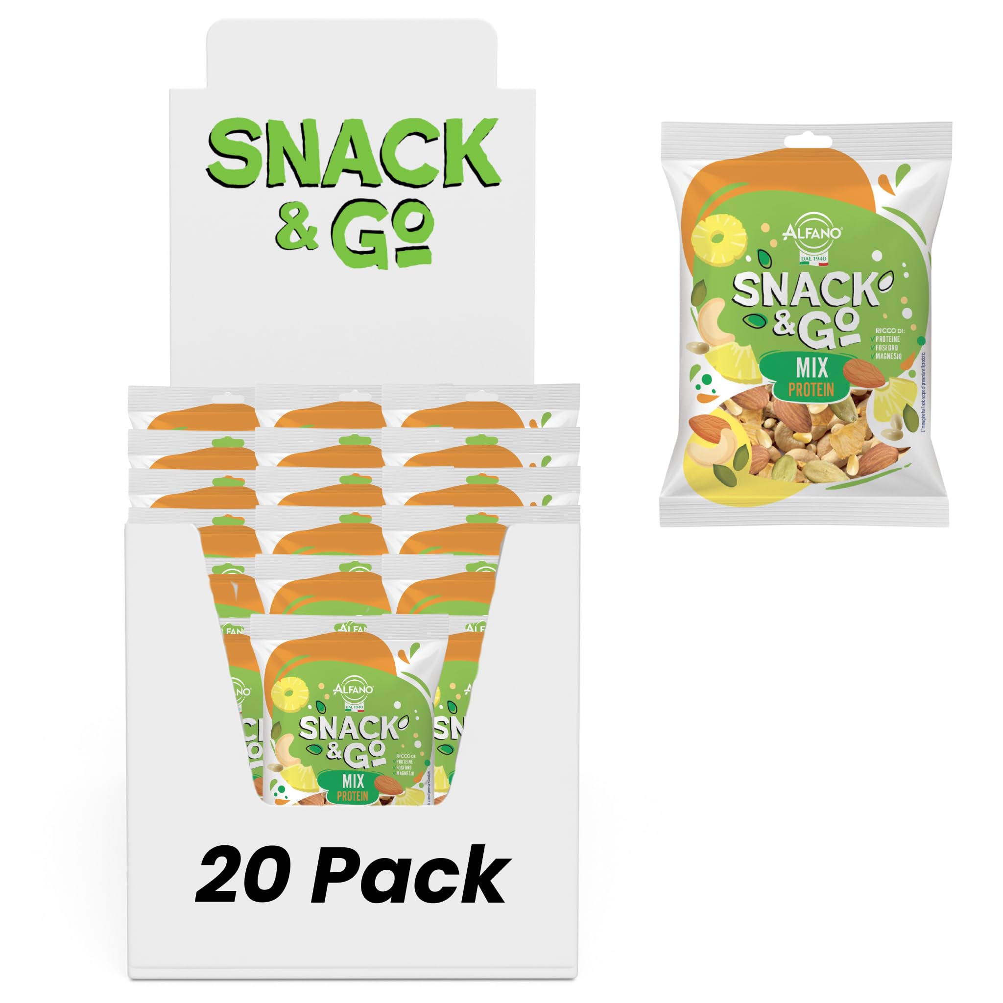 Alfano dal 1940 Mix Protein Snack & Go 20 Pacchetti Monoporzione da 25g Frutta Secca Anacardi Naturali, Ananas Disidratato, Mandorle Sgusciate, Pinoli e Semi di Zucca