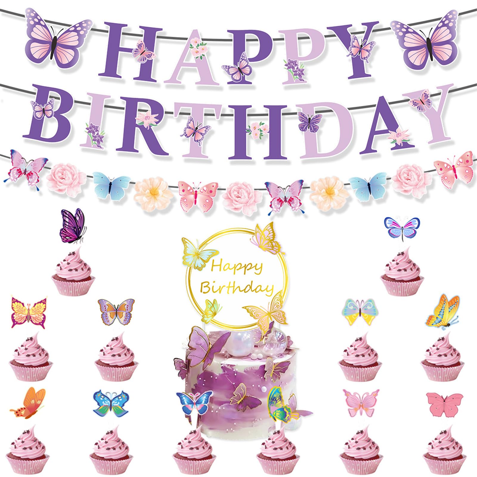 Xinsheinelry Banners Cake Decoration Set Butterfly Cake Toppers Colorful Hanging Swirls Suitable for Holidays Celebration Party Supplies
