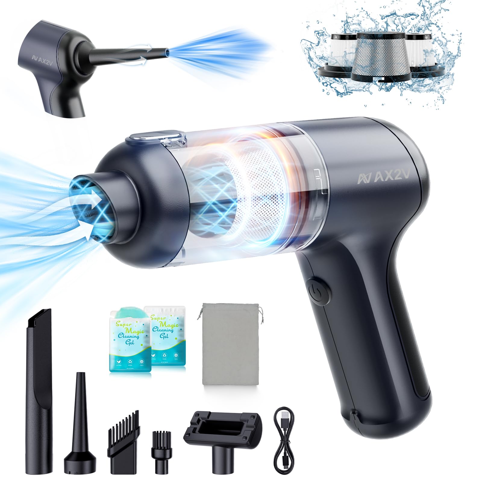 AX2V Portable Car Vacuum 16000Pa Mini Vacuum Cleaner for Car, Low Noise Hand Vacuum Cordless Rechargeable, with Cleaning Gel for Car Detailing Keyboard Cleaner Home Cleaning
