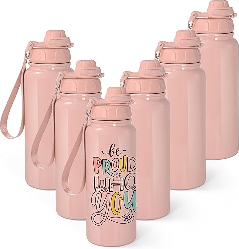 AGH Paquete de 6 botellas de agua de sublimación, botella de agua deportiva de acero inoxidable de 25 onzas con correa, termo a prueba de fugas sin