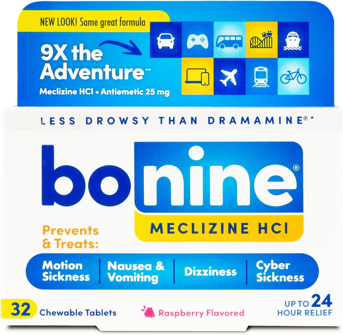 Bonine Non-Drowsy Motion Sickness Relief - Chewable Tablets with Meclizine HCL 25mg - Non Drowsy Medicine for Nausea or Motion Sickness - Cruise Essentials - Raspberry Flavor, 32 Chewable Tablets