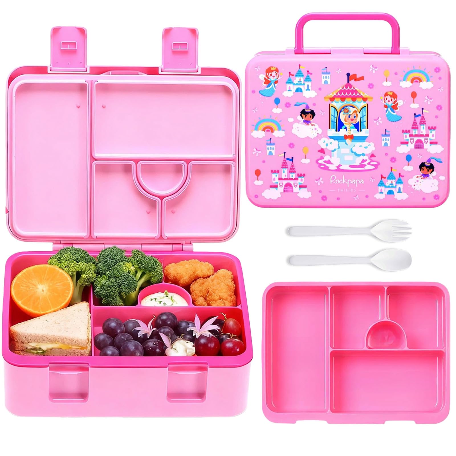 rockpapa 5.5 Cups Bento Lunch Box for Kids, 5-Compartment, Fairies