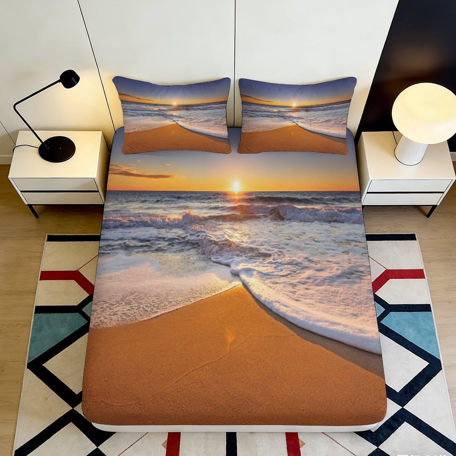 3D Printed Sunset Beach Fitted Sheet Microfiber Soft Sand Wave Mattress Cover for Bedroom Guest Room Decor 90x200x25cm