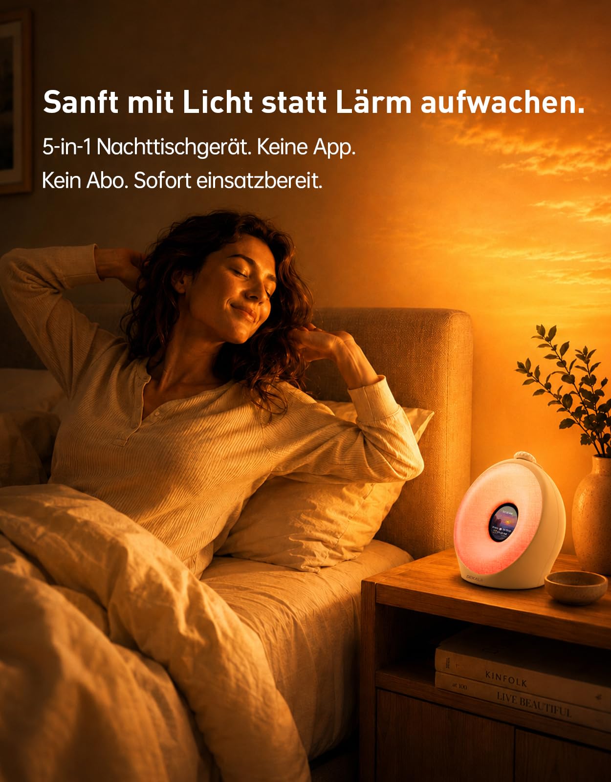 Dekala Tageslichtwecker für Tiefschläfer mit Pulse Wake 95 dB, Lichtwecker Sonnenaufgang & Sunset Sleep, Wake Up Light, 7 Display-Themen, Sound Machine, Atemlicht, 4 Alarme, Farbdisplay, Ohne App
