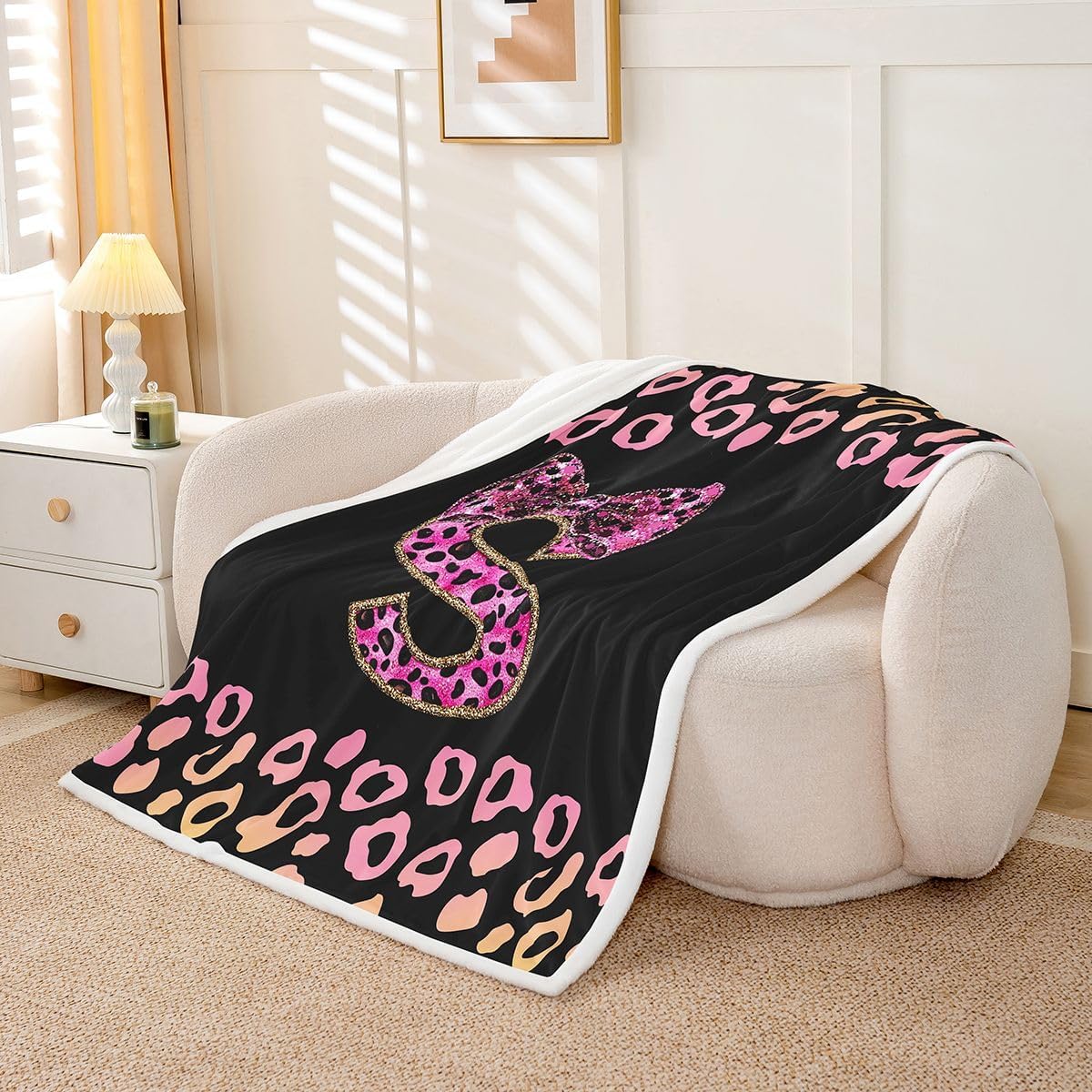 Feelyou Cheetah Bow Sherpa Blanket Plush Fuzzy Leopard Coquette Bow Fleece Throw Blanket Boys Girls Personalized Initial S for Bed Couch Chair Living Room Bedroom Decor Twin 60"x80" image 2