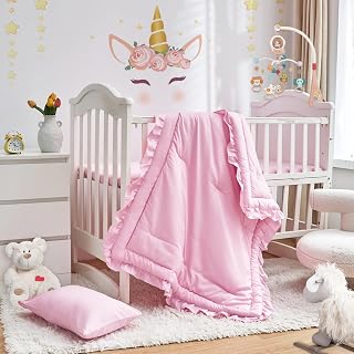 3 Piece Crib Bedding Set Baby Ruffle Quilted Duvet Cover with Fitted Sheet and Cushion - Cute Ruffle Shabby Chic Bedding Soft Blanket Design Pink