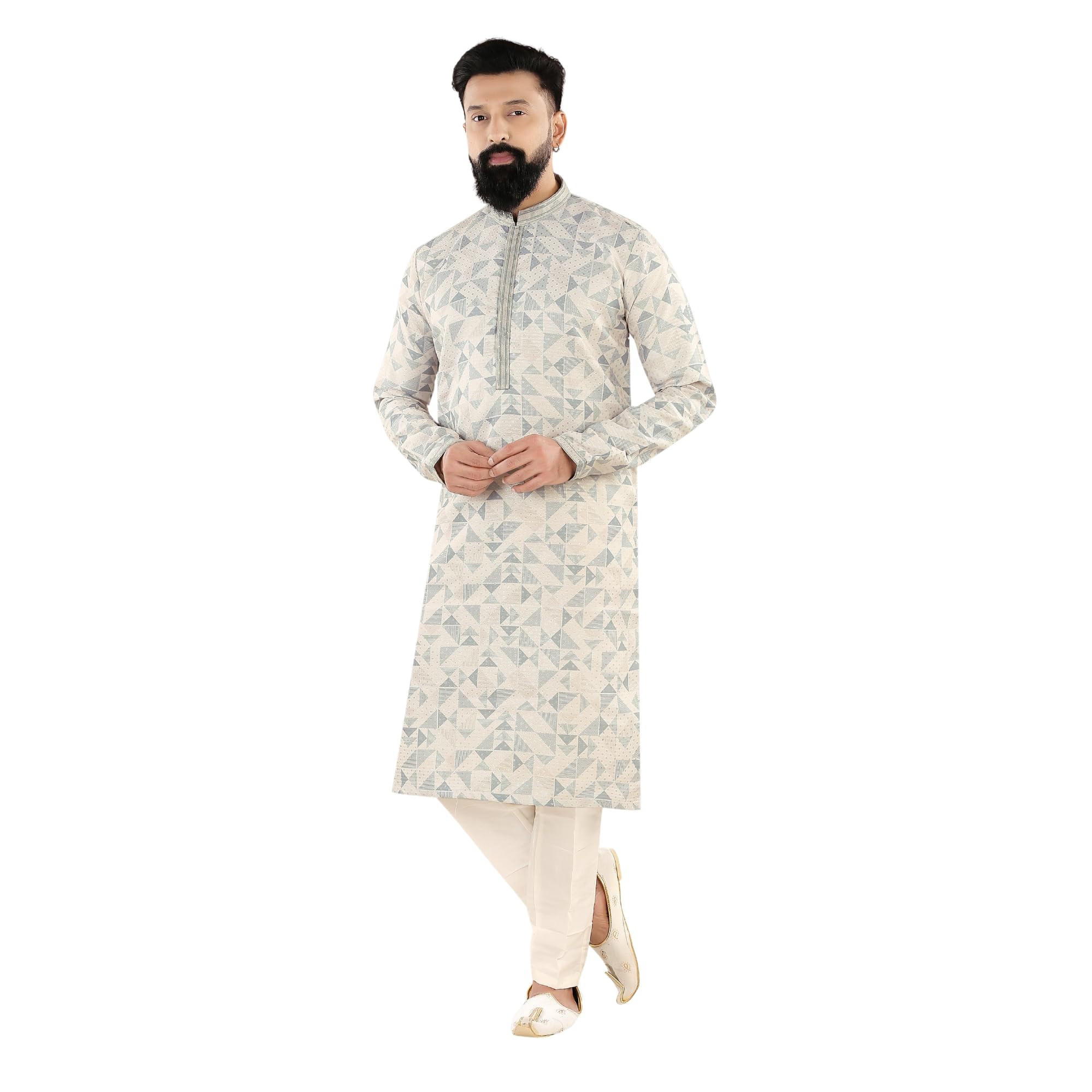 Men Kurta Bottom Set Comfortable Fabric Traditional Indian Ethnic Dress for Wedding Ceremony Festival Celebration and Occasion Wear | Cream with Sky Macthing-image-44