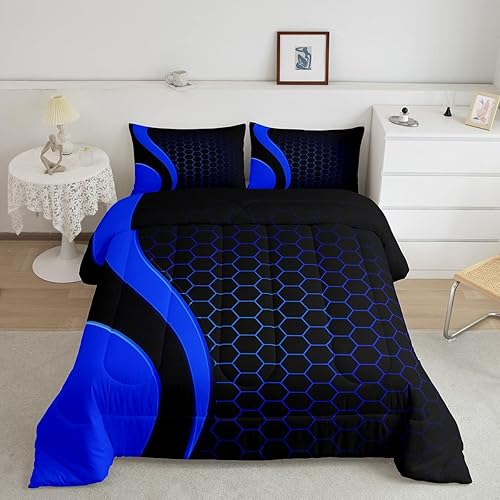 Juego de ropa de cama con diseño geométrico de panal de abeja para niños, niñas, adolescentes, hexagonal, geométrico, azul y negro, juego de edredón