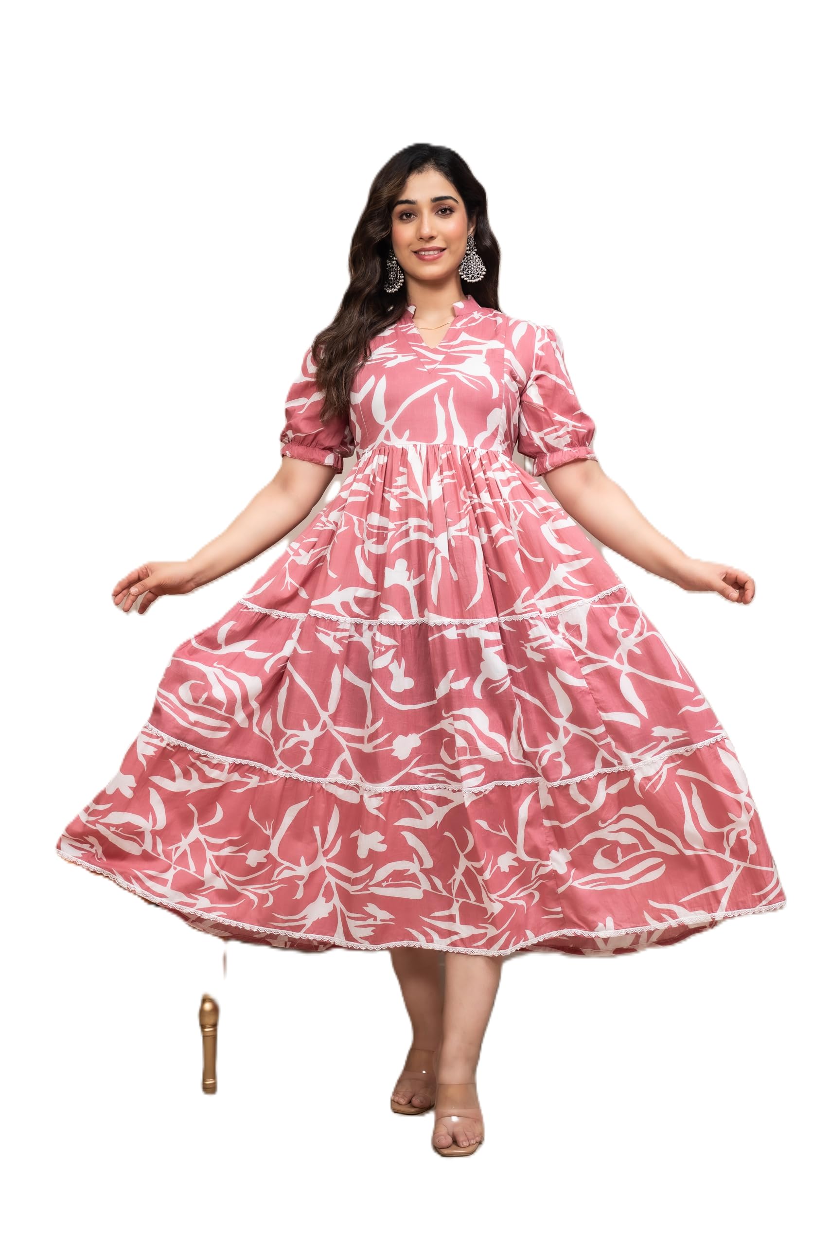 Women's Rayon Maternity Pregnancy Feeding Nursing Dress Floral Print Tiered Feeding Dress Pink and White Puff Sleeves with Lace Trim Staylish Dress-image-36