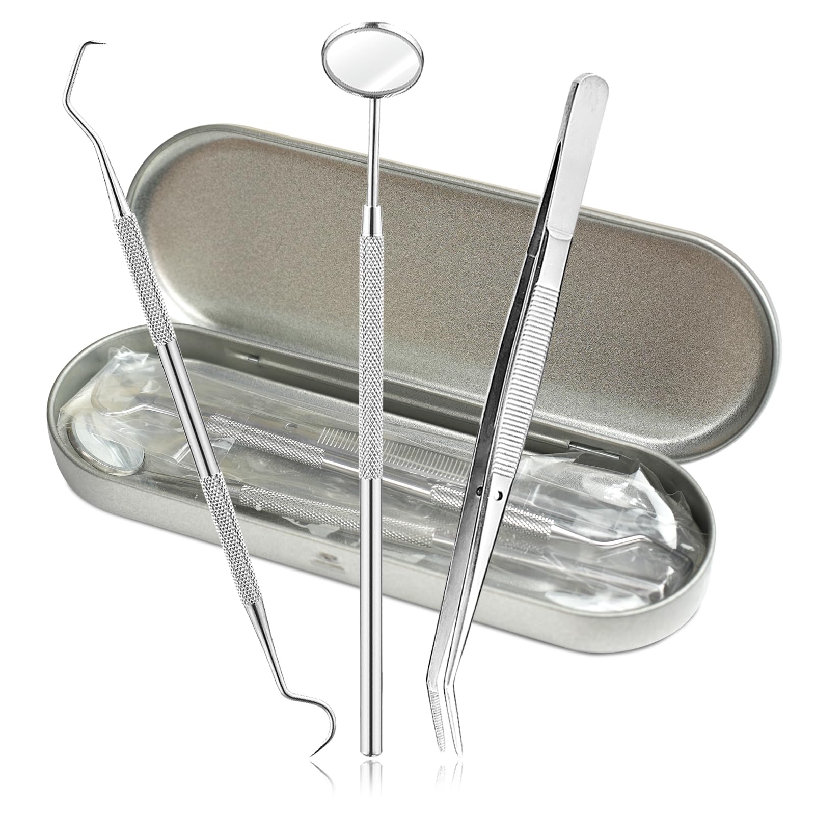 3-Piece Stainless Steel Teeth Cleaning Tool Kit with Mirror Plaque Tartar Remover Set for Oral Care Tooth Scraper