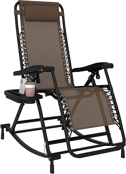 Outsunny Outdoor Rocking Chairs, Foldable Reclining Zero Gravity Lounge Rocker with Pillow, Cup & Phone Holder, Combo Design with Folding Legs, Brown
