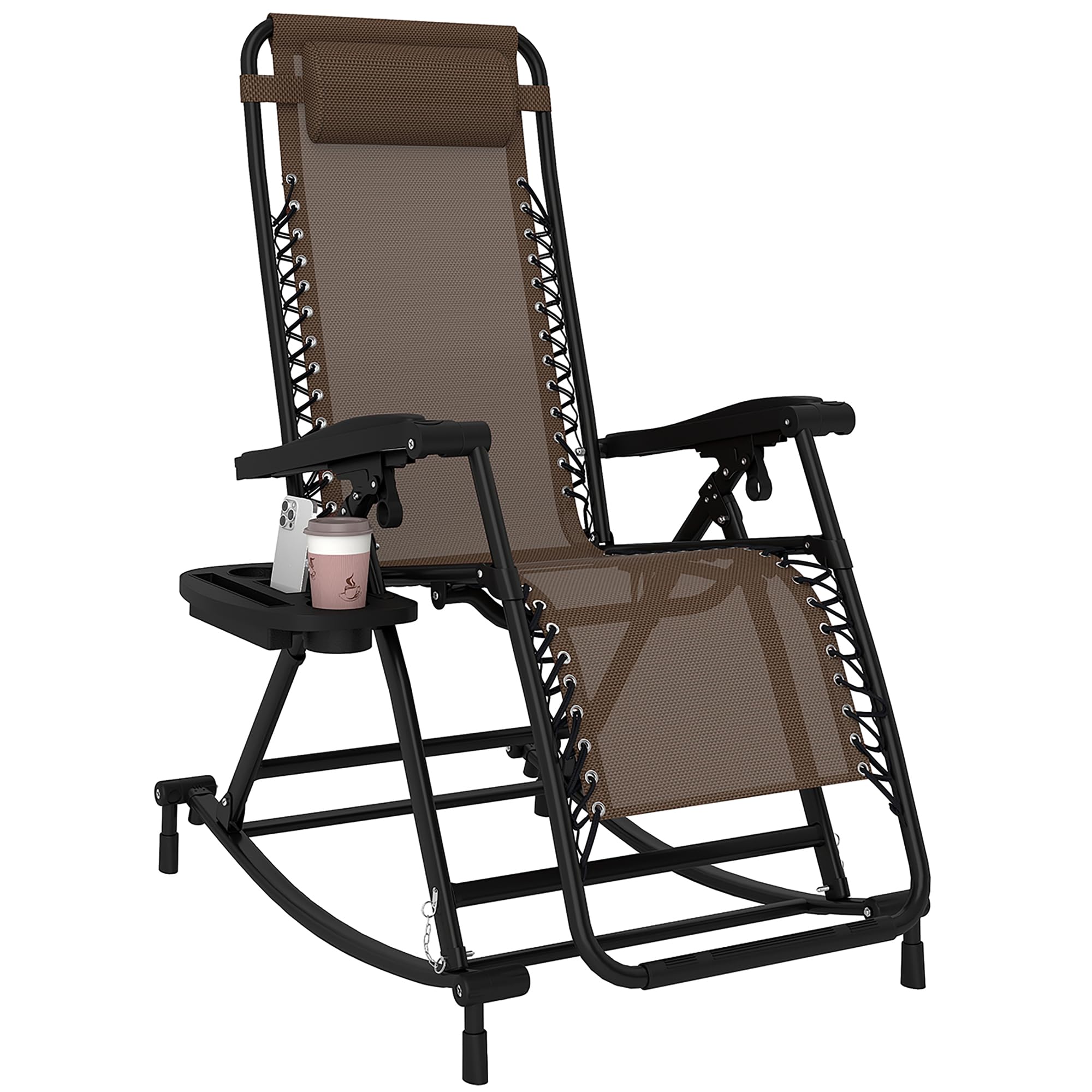 Mecedoras para exteriores, plegables, reclinables, de gravedad cero, con almohada, portavasos y soporte para teléfono, diseño combinado con patas plegables, color marrón