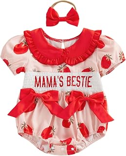Newborn Baby Girl Romper Strawberry Outfit Mama’s Bestie Short Sleeve Onesie Jumpsuit Smocked Summer Clothes