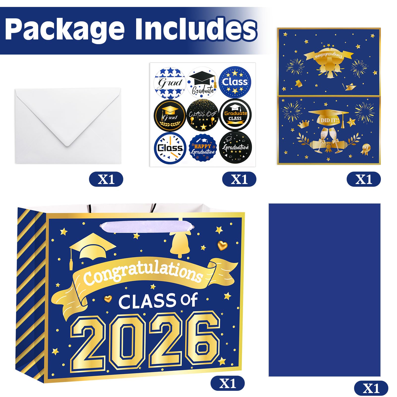 Konsait 13" Large Graduation Gift Bags, Blue Class of 2026 Graduation Bags with Tissue Paper and Greeting Card for Gift Wrapping, Celebrations, Parties & More