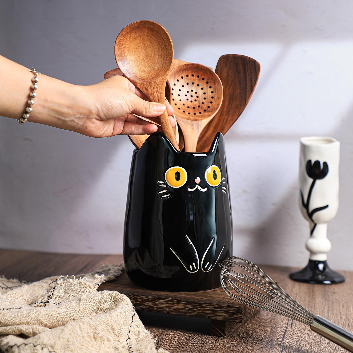 SOCOSY Black Cat Ceramic Kitchen Utensil Holder For Countertop, Cooking Utensil Crock Holder Spatula Holder